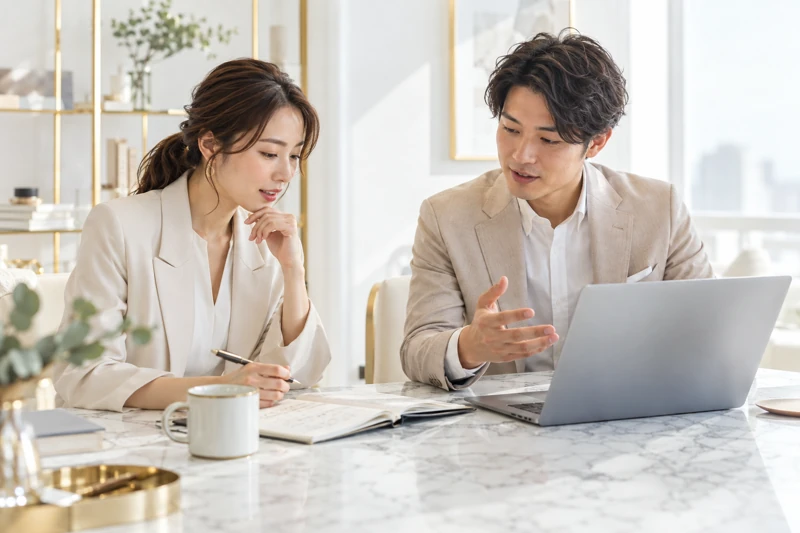 ノートパソコンを見ながら事業の相談をする二人のイメージ写真