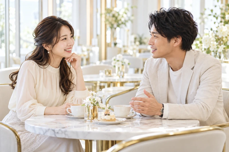 カフェで会話する二人のイメージ写真