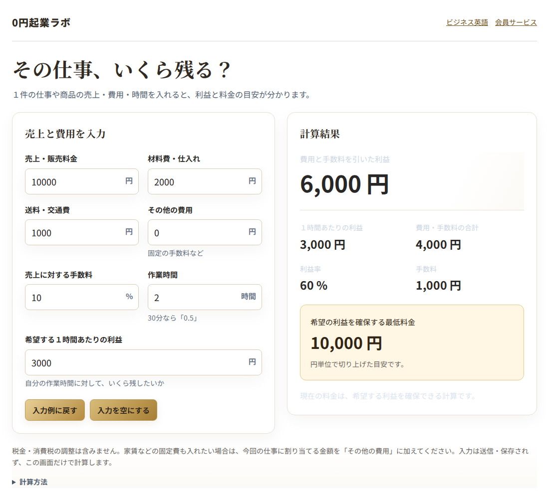 売上1万円の入力例で利益6千円を表示している利益計算ツールの画面